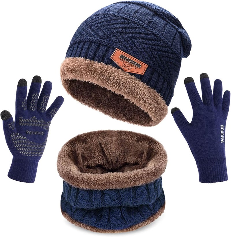 MAYLISACC Winter Knit Beanie Hat Neck Warmer Scarf and Touch Screen Gloves Set 3 Pcs Fleece Lined Skull Cap for Men Women - Image 1